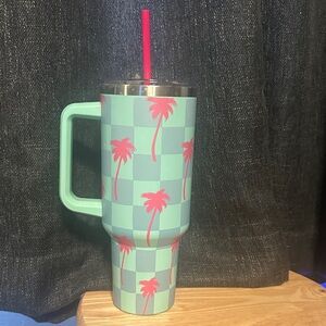 Tropical Palm Tree Tumbler with Handle - Mint and Pink